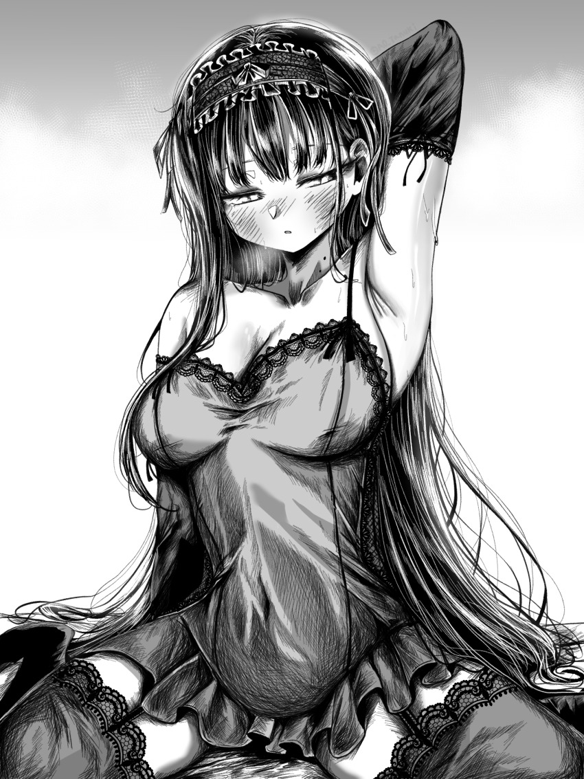 1girl ao_tanuki arm_up armpits averting_eyes black_hair blush boku_no_kokoro_no_yabai_yatsu breasts cleavage commentary_request dress elbow_gloves frilled_dress frills gloves greyscale hairband heavy_breathing highres lace_trim large_breasts long_hair mole mole_on_neck monochrome nose_blush sitting solo sweat thighs very_long_hair wariza white_background yamada_anna