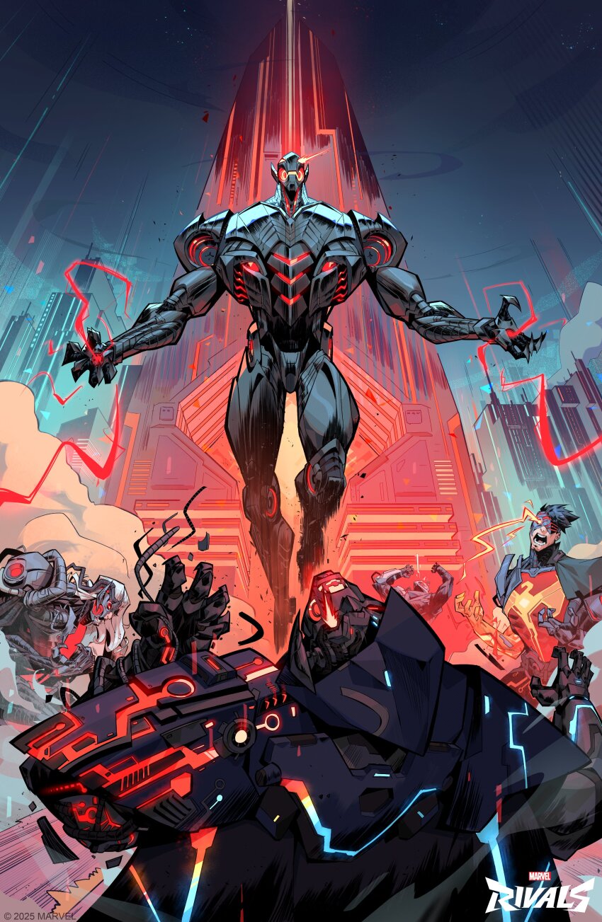 2025 5boys absurdres avengers_(series) black_hair blue_sky commentary copyright_logo copyright_name cyborg doctor_doom doom_2099 english_commentary eye_trail glowing hawkeye_(binary_arrow)_(marvel) hawkeye_(marvel) highres iron_fist_(binary_fist)_(marvel) iron_fist_(marvel) leo_chiola light_trail lin_lie_(marvel) logo long_hair magneto magneto_(binary_sword) male_focus marvel marvel_rivals multiple_boys muscular muscular_male official_art open_mouth robot short_hair sky ultron white_hair x-men