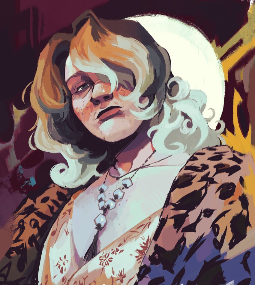 1girl aegyo_sal animal_print artist_self-insert black_eyes breasts cleavage colored_tips commentary curtained_hair disco_elysium english_commentary freckles hair_over_one_eye head_tilt highres jewelry leopard_print looking_at_viewer multicolored_hair necklace official_style original parody serious solo style_parody sun_behind_head time_woods two-tone_hair upper_body