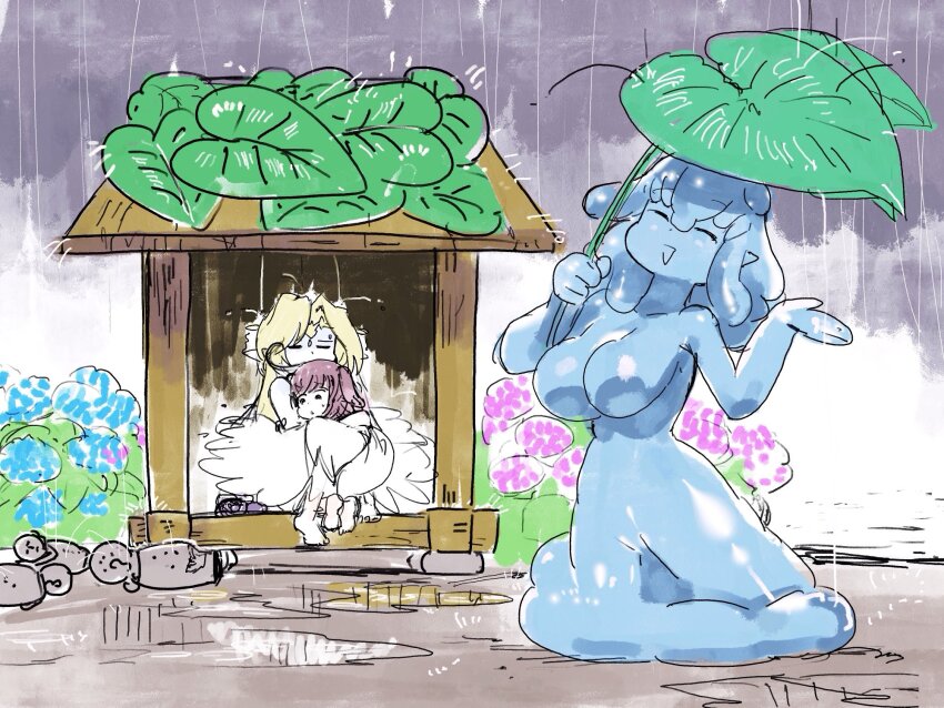 3girls angel angel_wings animal_ears barefoot blonde_hair blue_flower blue_hair blue_skin bracelet breasts circlet cloud cloudy_sky colored_skin commentary_request dog_ears dog_girl dog_tail dress feathered_wings flower forehead_jewel gem highres holding holding_umbrella hug ilias_(sealed) inuel_(mon-musu_quest!) jewelry large_breasts leaf lily_pad long_hair mon-musu_quest! mon-musu_quest:_paradox monster_girl multiple_girls navel open_mouth pink_flower pointy_ears puddle purple_hair puruel_(mon-musu_quest!) rain setouchi_(blackse) short_hair shrine sky slime_girl smile statue tail umbrella water_drop white_wings wing_hug wings