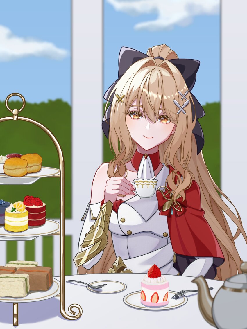 1girl absurdres bare_shoulders benghuai_xueyuan black_bow blue_sky bow breasts cake cake_slice cloud cloudy_sky commentary_request cup detached_sleeves dress food fork hair_bow highres holding holding_cup honkai_(series) laniaitte_gordius_de_eumenes large_breasts long_hair looking_at_viewer macaron ponytail sky solo spoon table tea teacup white_dress white_sleeves yamano_prototype