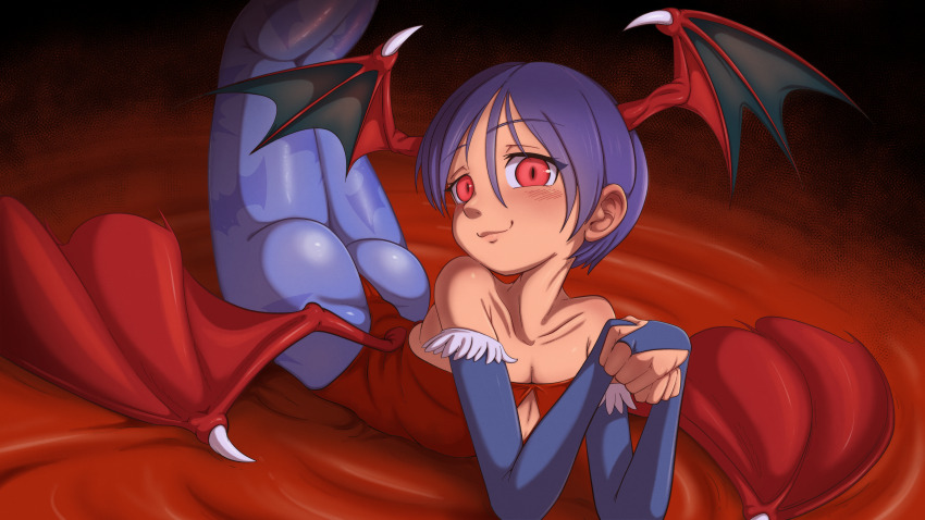 1girl animal_print ass bare_shoulders bat_print blue_gloves blush breasts capcom closed_mouth collarbone darkstalkers demon_girl demon_wings elbow_gloves feet_out_of_frame female_focus fingerless_gloves gloves hands_up head_wings leotard lilith_(darkstalkers) looking_at_viewer low_wings naughty_face own_hands_together pantyhose petite poethewondercat purple_hair purple_pantyhose red_eyes red_leotard short_hair small_breasts smile solo strapless strapless_leotard wings