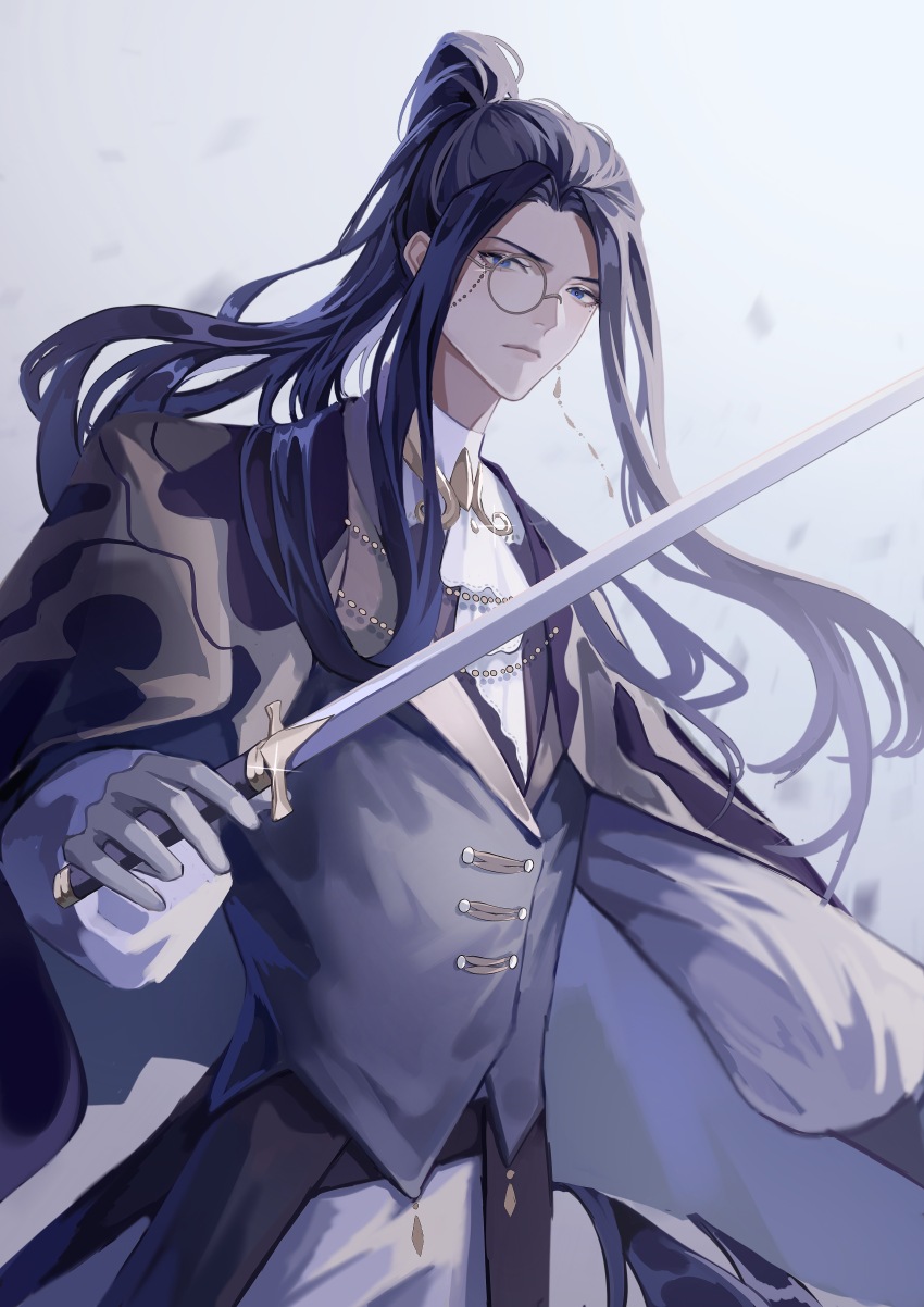 1boy absurdres alternate_hairstyle ascot belt black_belt black_cape blue_eyes blue_hair cape chinese_commentary clarence_clayden clarence_clayden_(godheim) closed_mouth collared_shirt commentary_request cowboy_shot curtained_hair gloves grey_gloves grey_vest high_ponytail highres holding holding_sword holding_weapon lapels lips long_hair long_sidelocks long_sleeves looking_at_viewer lovebrush_chronicles male_focus mole mole_under_eye monocle pants parted_bangs ponytail puffy_long_sleeves puffy_sleeves serious shawl_lapels shirt sidelocks solo standing sweater_guard sword vest weapon white_ascot white_background white_pants white_shirt yaqing