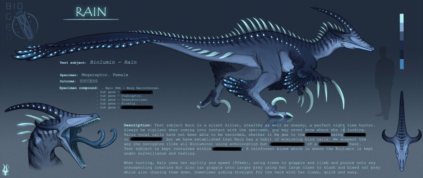 absurdres claws commentary concept_art dinosaur english_text fangs fantasyartistry feathered_raptor feathers highres limited_palette no_eyes no_humans original raptor reference_sheet running simple_background spikes tail teeth tongue