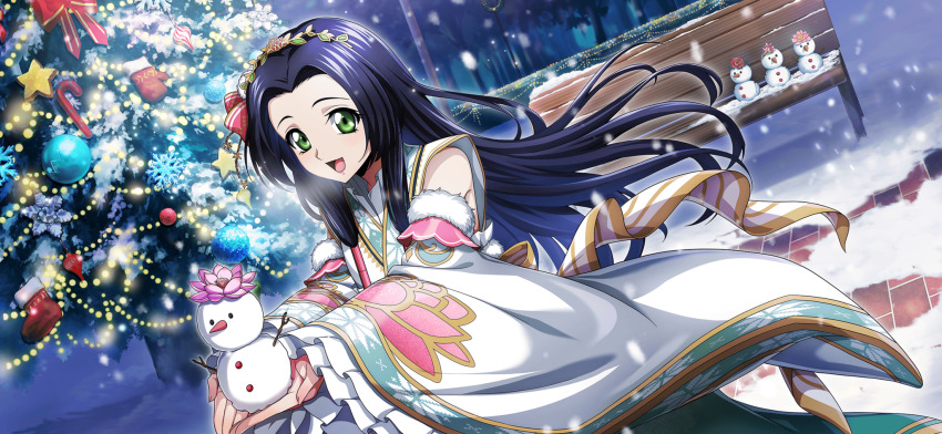 1girl bare_shoulders black_hair christmas code_geass code_geass:_lost_stories commentary_request f4samurai game_cg green_eyes hakama happy highres japanese_clothes kimono long_hair looking_at_viewer obi official_art open_mouth sash smile snow solo sumeragi_kaguya white_kimono