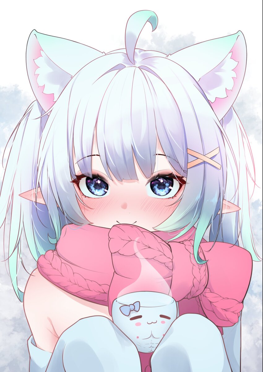1girl absurdres ahoge animal_ear_fluff animal_ears blue_eyes blush cat_ears center-flap_bangs character_cup closed_mouth cold cup densetsu.exe gradient_hair green_hair hair_ornament hairclip hashtag-only_commentary highres holding holding_cup indie_virtual_youtuber looking_at_viewer medium_hair mint_fantome mint_fantome_(otaku) multicolored_hair off-shoulder_sweater off_shoulder official_alternate_costume oversized_sweater pink_scarf pointy_ears raised_eyebrows scarf shirt single_bare_shoulder single_off_shoulder sleeves_past_fingers sleeves_past_wrists smile snow solo steam sweater syxh twintails upper_body virtual_youtuber white_hair white_shirt wisps_(mint_fantome) x_hair_ornament