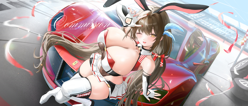 1girl 2026 animal_ears arm_support artist_name bare_shoulders blush bodystocking breasts brown_hair car checkered_flag cleavage clothing_cutout collarbone commentary commission covered_navel crop_top dutch_angle elbow_gloves fake_animal_ears feather_hair_ornament feathers ferrari flag glove_cutout gloves hair_between_eyes hair_intakes hair_ornament hand_up haruri head_tilt highleg highres huge_breasts long_hair looking_at_viewer low-tied_long_hair low_twintails miniskirt motor_vehicle nail_polish on_car one_eye_closed open_mouth original outdoors pleated_skirt rabbit_ears race_flag race_queen race_vehicle racecar racetrack red_car red_nails see-through_clothes sidelocks sitting skirt solo sports_car thighhighs thighs twintails unused_tire very_long_hair watermark white_gloves white_skirt white_thighhighs yellow_eyes