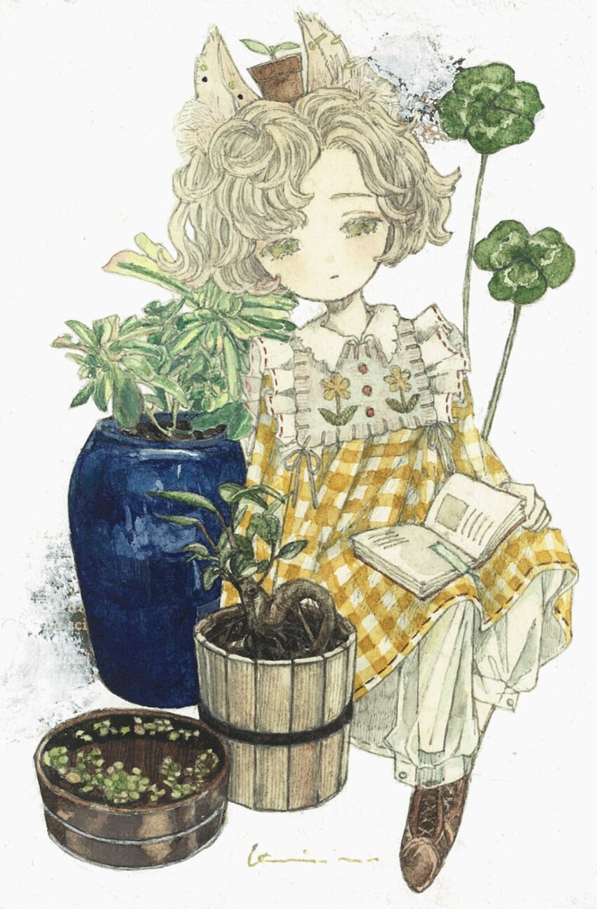 1girl acrylic_paint_(medium) animal_ears book brown_shoes checkered_clothes checkered_dress closed_mouth collared_dress commentary_request curly_hair dress floral_print flower green_eyes hair_ornament hashtag-only_commentary highres holding holding_book karintoun long_sleeves original painting_(medium) pale_skin plant potted_plant shoes short_hair signature sitting traditional_media watercolor_(medium) white_background