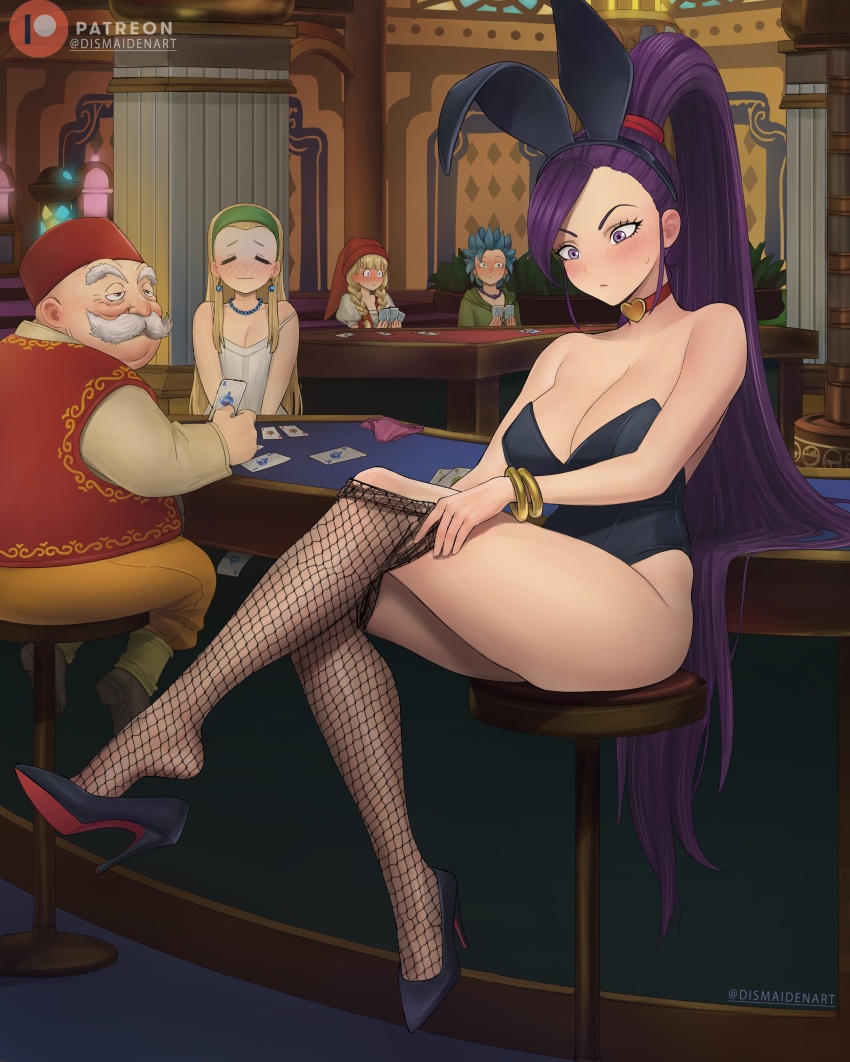 absurdres animal_ears black_leotard blonde_hair blush breasts camus_(dq11) cleavage commentary dismaiden dragon_quest dragon_quest_xi english_commentary fishnets high_heels highres leotard long_hair martina_(dq11) playboy_bunny poker_table ponytail pumps purple_eyes purple_hair rabbit_ears red_soles senya_(dq11) shoes stiletto_heels strapless strapless_leotard table thighs veronica_(dq11)