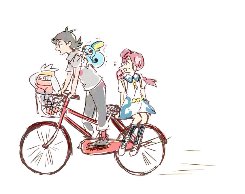 1boy 1girl bicycle black_footwear black_hair black_pants braid chloe_(pokemon) cruiser_bicycle gen_8_pokemon goh_(pokemon) grey_shirt hair_ornament hair_scrunchie hinata_(ryohinata) long_hair looking_to_the_side maroon_hair nintendo pants pokemon pokemon_(anime) pokemon_journeys pokemon_on_back raboot riding riding_bicycle sailor_uniform scrunchie shirt shoes short_hair short_sleeves side_braid sobble white_background white_footwear