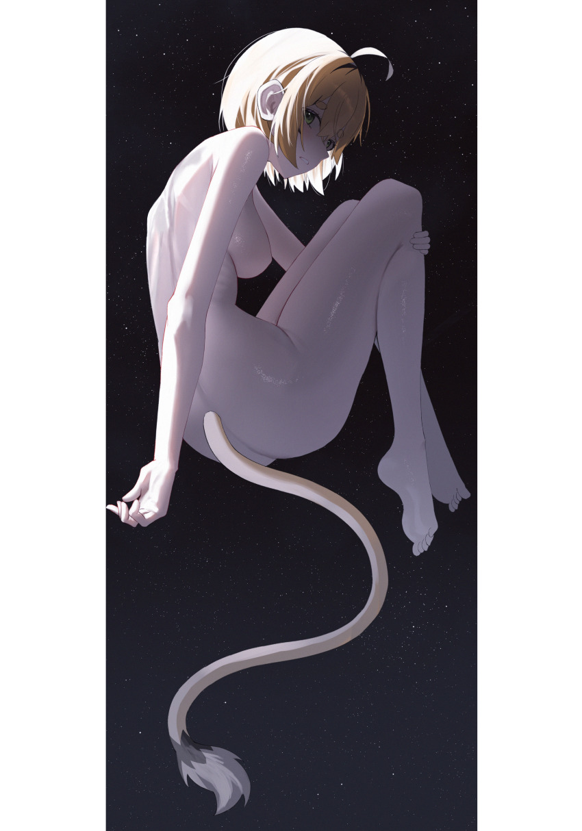 1girl absurdres ahoge barefoot black_hair blonde_hair border breasts commentary completely_nude dooby full_body green_eyes highres indie_virtual_youtuber jerboa_tail large_breasts looking_at_viewer mouse_girl multicolored_hair nude parted_lips pillarboxed short_hair solo space streaked_hair virtual_youtuber white_border yubbiidraw