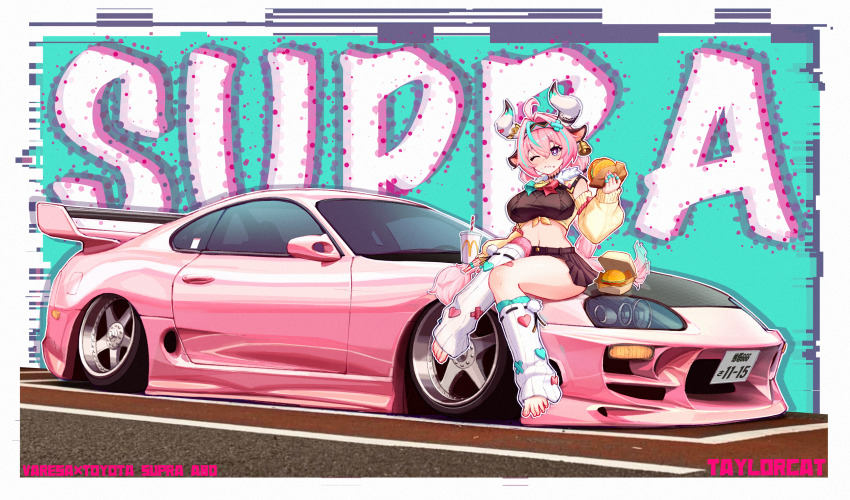 1girl absurdres ahoge animal_ears aqua_background aqua_hair aqua_streaks artist_name bandaid_on_horn bandaid_on_thigh barefoot black_skirt blush braid breasts burger car character_name commentary cow_ears cow_girl cow_horns crop_top cup drinking_straw eating english_commentary feet food food_on_face full_body genshin_impact hair_ornament hairband hand_up highres holding holding_food horns inset_border jewelry large_breasts leg_warmers legs long_hair long_sleeves looking_at_viewer low_twintails miniskirt motor_vehicle multiple_rings nail_polish navel on_car one_eye_closed pink_car pink_hair pink_nails pleated_skirt procreate_(medium) purple_eyes ring road sitting skirt solo spoiler_(automobile) taylorcat thighs toenail_polish toenails toes toyota toyota_supra toyota_supra_mk_iv twin_braids twintails varesa_(genshin_impact) vehicle_name very_long_hair white_background x_hair_ornament