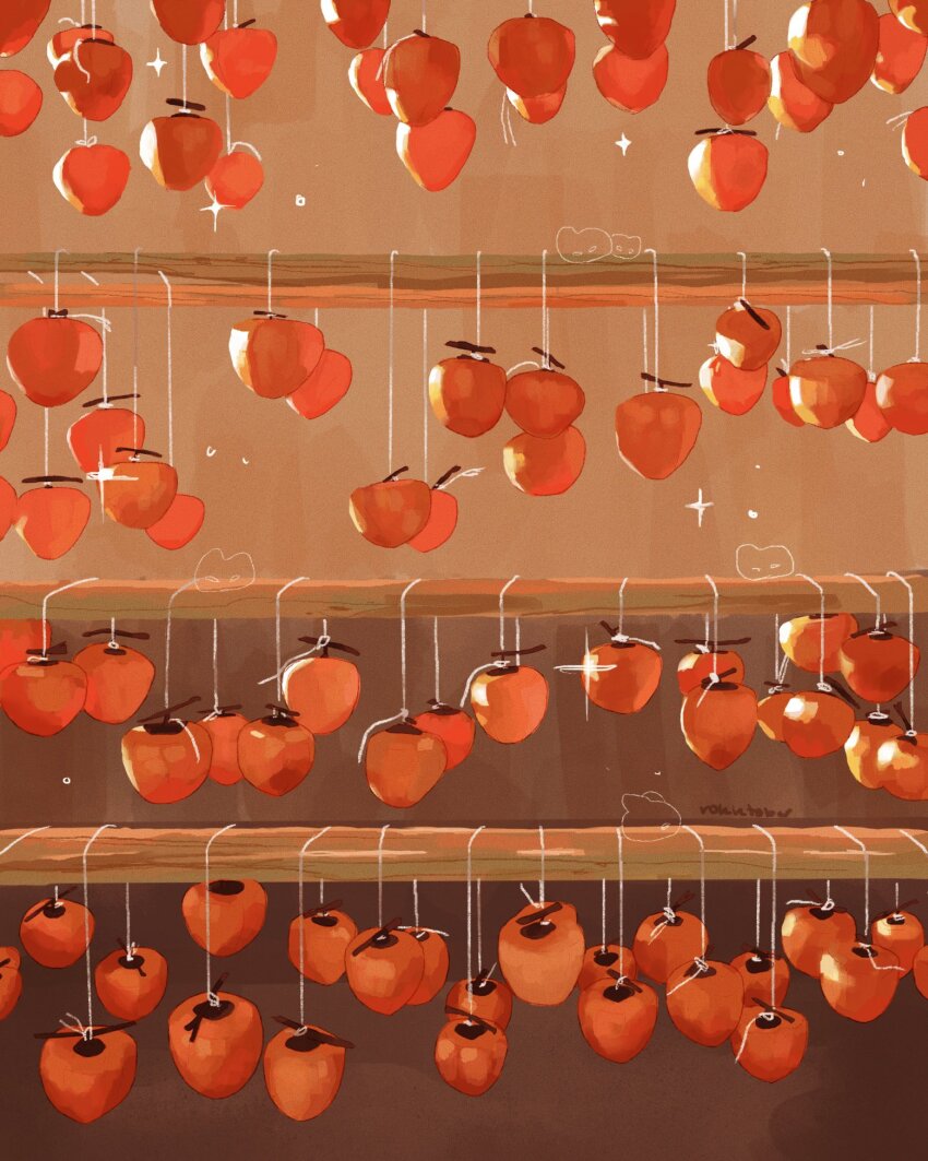 commentary english_commentary food fruit fruit_focus highres no_humans original persimmon plank rokktober string