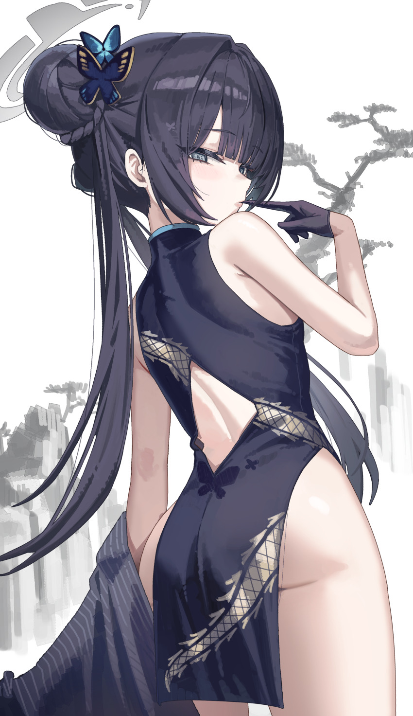 1girl absurdres ass back_cutout black_dress black_gloves black_hair blue_archive butterfly_hair_ornament china_dress chinese_clothes clothing_cutout commentary_request cowboy_shot double_bun dress from_behind gloves grey_hair grey_halo hair_bun hair_ornament halo highres jun_daniell kisaki_(blue_archive) looking_back short_dress solo thighs twintails