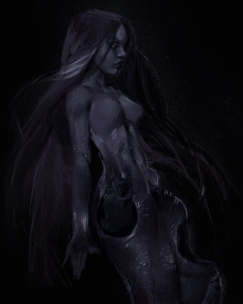 1girl \m/ absurdres black_background black_hair commentary dark-skinned_female dark_skin english_commentary floating_hair highres long_hair looking_to_the_side mermaid monster_girl original simple_background solo starry_skin twulfs very_dark_skin very_long_hair