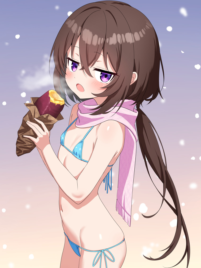 1girl absurdres bikini blue_bikini blush brown_hair eating highres loli long_hair lowleg lowleg_bikini maretto micro_bikini navel original purple_eyes scarf shiny_skin side-tie_bikini_bottom skindentation solo standing steam string_bikini swimsuit