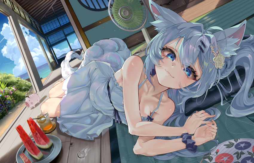 1girl absurdres animal_ears bare_shoulders blue_eyes blush breasts cleavage commentary covered_navel dress english_commentary food fox_ears fox_girl fox_tail fruit grey_hair hair_ornament hairclip highres indoors large_breasts long_hair looking_at_viewer lying on_side original scrunchie smile snarkhunt solo tail watermelon white_dress wind_chime wrist_scrunchie