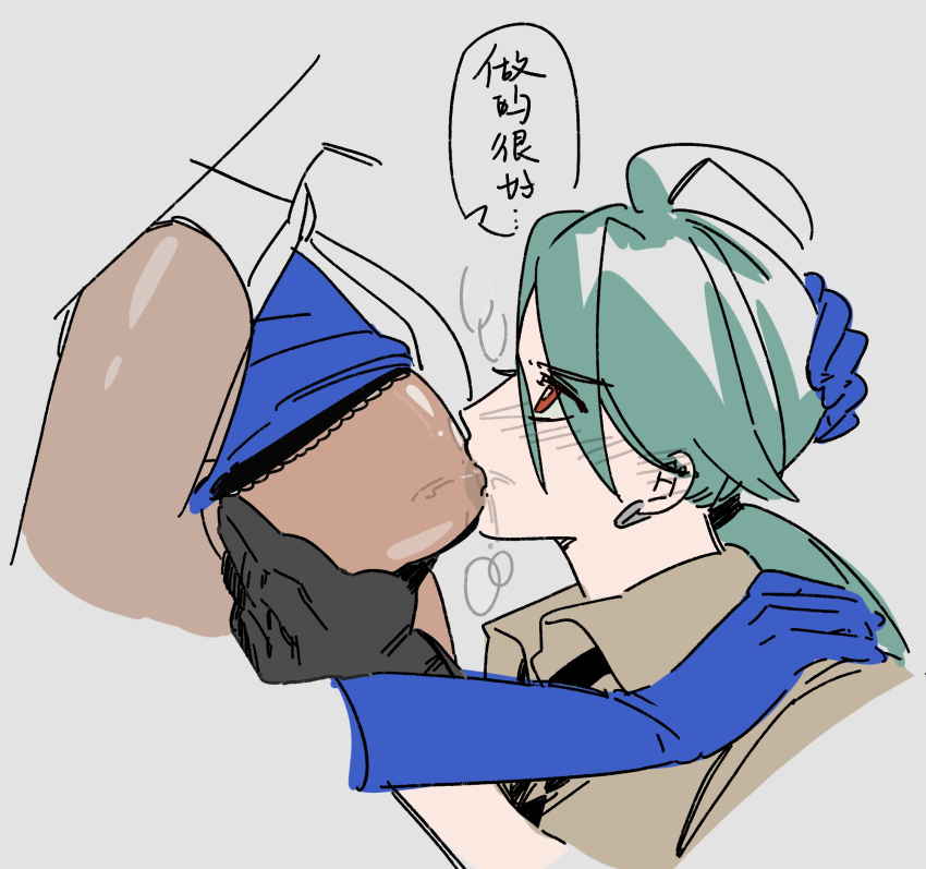 2girls black_gloves blue_gloves blush breast_sucking clothes_lift commentary dark-skinned_female dark_skin geeta_(pokemon) gloves grabbing_another's_breast green_hair grey_background groping hand_on_another's_head highres multiple_girls nanaasuzy nintendo pokemon pokemon_sv red_eyes rika_(pokemon) saliva shirt_lift yuri