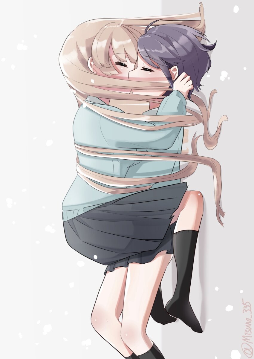 2girls black_skirt black_socks blonde_hair blue_sweater closed_eyes commentary_request ei_misuna grey_hair highres kiss kneehighs long_hair multiple_girls no_shoes original pleated_skirt school_uniform short_hair sideways skirt socks straddling sweater yuri