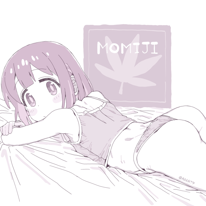 1girl :/ ass bare_arms bare_shoulders bed_sheet blunt_bangs blush_stickers camisole character_name commentary_request dimples_of_venus dot_nose flat_chest greyscale highres hozuki_momiji looking_at_viewer looking_to_the_side lying matado_(almukha) monochrome on_bed on_stomach onii-chan_wa_oshimai! panties short_hair solo twitter_username underwear