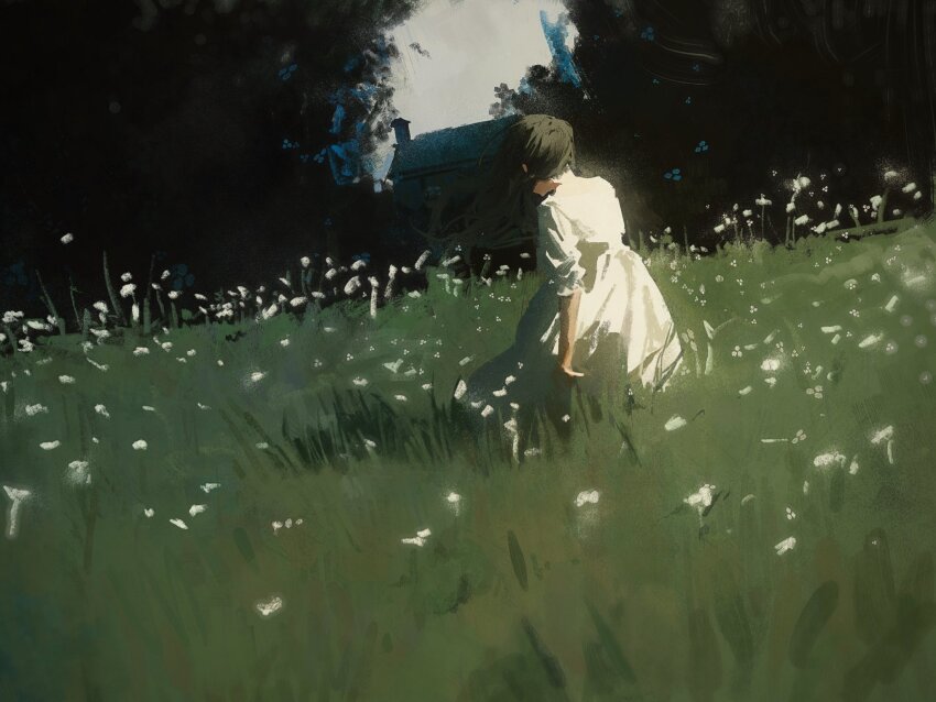 0k_sic 1girl black_hair bloom child dandelion dandelion_clock day dress field floating_hair flower flower_field forest from_behind full_body grass grey_sky highres house long_dress long_hair nature original outdoors painterly sidelighting sky sleeves_rolled_up solo three-quarter_sleeves white_dress white_flower