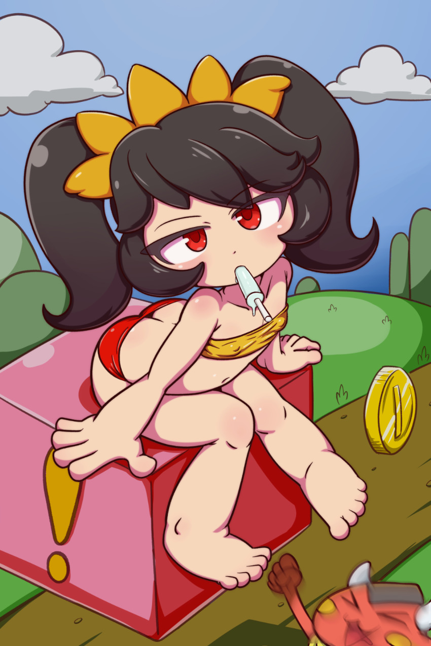 1girl arms_at_sides ashley_(warioware) barefoot bikini black_hair blue_sky butt_crack closed_mouth collarbone covered_erect_nipples day demon dot_nose eating expressionless food from_above from_side full_body highres ice_cream leaning_forward loli long_hair looking_at_viewer looking_to_the_side looking_up multicolored_bikini navel nintendo orange_bikini outdoors poethewondercat red_(warioware) red_bikini red_eyes sky solo_focus swimsuit twintails two-tone_bikini warioware