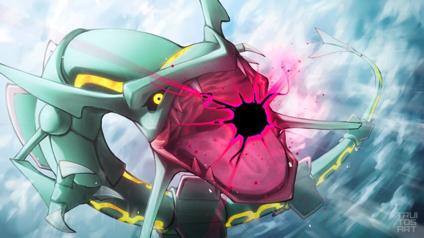 absurdres claws cloud cloudy_sky commentary dragon fangs flying gen_3_pokemon glowing glowing_eyes highres legendary_pokemon light_rays nintendo no_humans open_mouth pokemon pokemon_(creature) powering_up rayquaza sky sunbeam sunlight truitosart yellow_eyes