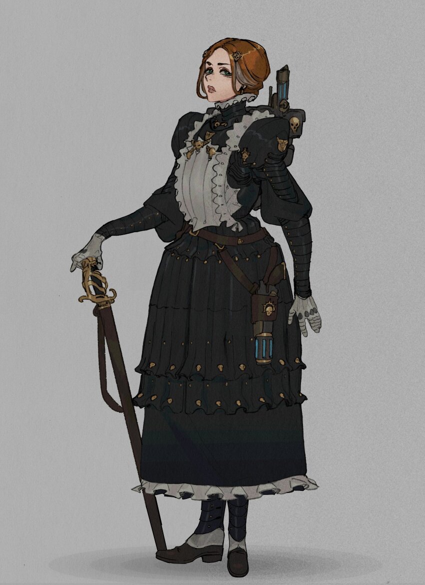 1girl absurdres alternate_costume apron armor armored_dress black_dress brown_hair dress enmaided frilled_apron frills gauntlets green_eyes grey_background gun hairstyle_request highres holding holding_sword holding_weapon looking_at_viewer maid maid_apron ministerovvox original simple_background solo sword warhammer_40k weapon white_apron