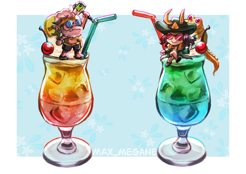 2boys absurdres artist_name beard black_hair black_swim_trunks blonde_facial_hair blonde_hair blue_background border brothers cherry chibi crossed_legs drinking_straw facial_hair fake_horns food fruit green_hat green_robe hammer hat headband highres holding holding_hammer horned_hat horns ice_cream ice_cream_float loki_(marvel) loki_(robe_of_relaxation)_(marvel) male_focus marvel marvel_rivals megane_(0max_megane0) mixed-language_commentary mjolnir_(marvel) multiple_boys official_alternate_costume opaque_sunglasses pink-tinted_eyewear robe sandals short_hair siblings sitting thor_(marvel) thor_(marvel)_(series) thor_(worthy_waves)_(marvel) tinted_eyewear whipped_cream white_border yellow_headband