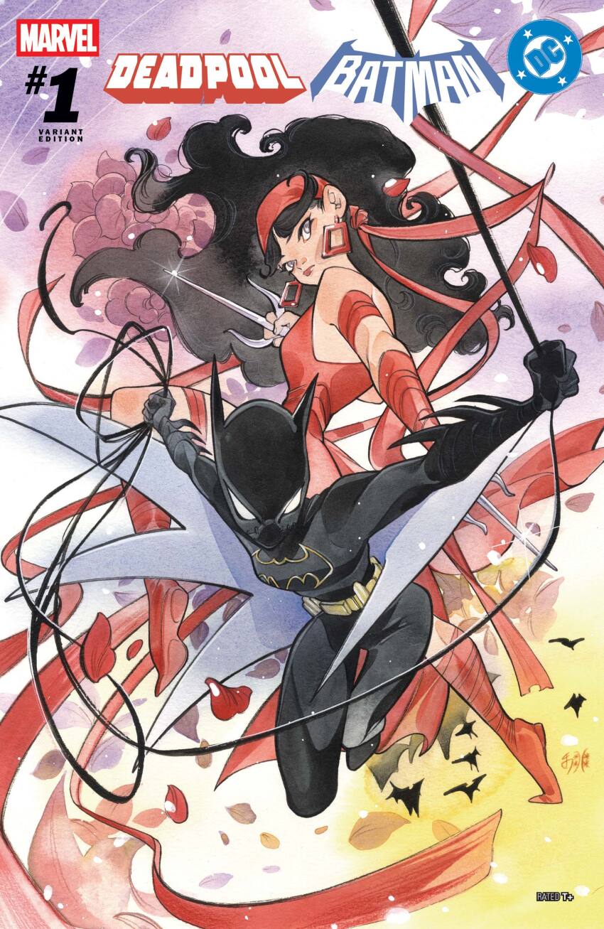 2girls absurdres bandana bat_(animal) batman_symbol black_bodysuit black_hair bodysuit boots cassandra_cain comic_cover company_name copyright_logo copyright_name cowl crossover deadpool_(series) earrings elektra elektra_natchios flower grey_eyes highres holding holding_whip jewelry knee_up leotard logo long_hair looking_at_viewer looking_to_the_side marvel multiple_girls official_art peach_momoko petals red_bandana red_boots red_leotard sai_(weapon) weapon whip