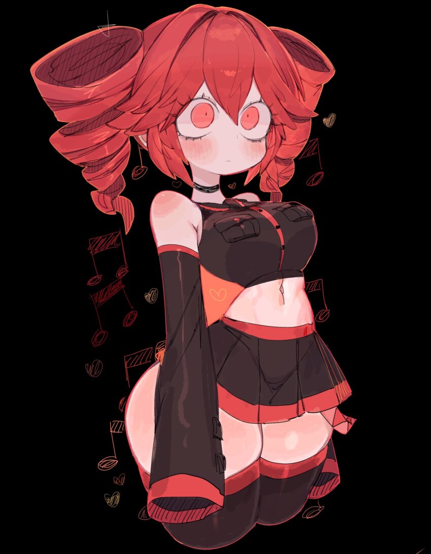 1girl ahoge bare_shoulders black_shirt black_sleeves breasts collared_shirt commentary detached_sleeves drill_hair hair_between_eyes highres kasane_teto kasane_teto_(utau) long_sleeves looking_at_viewer red_eyes red_hair shirt simple_background skirt sleeveless sleeveless_shirt solo twin_drills usa37107692 utau