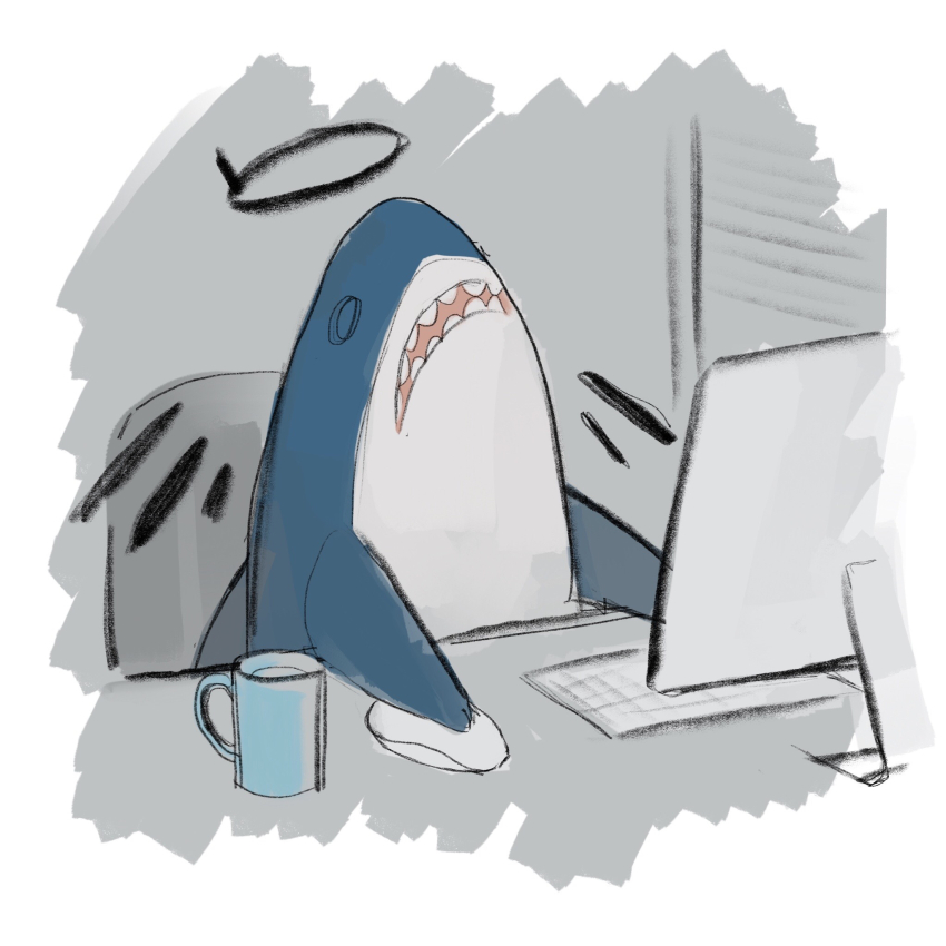 animalization arknights border chair coffee_mug commentary_request computer computer_keyboard computer_mouse cup dark_halo desk executor_(arknights) halo highres indoors laptop monitor mug no_humans office_chair open_mouth shark sharp_teeth shikiri sitting sketch solo swivel_chair teeth window_blinds wings