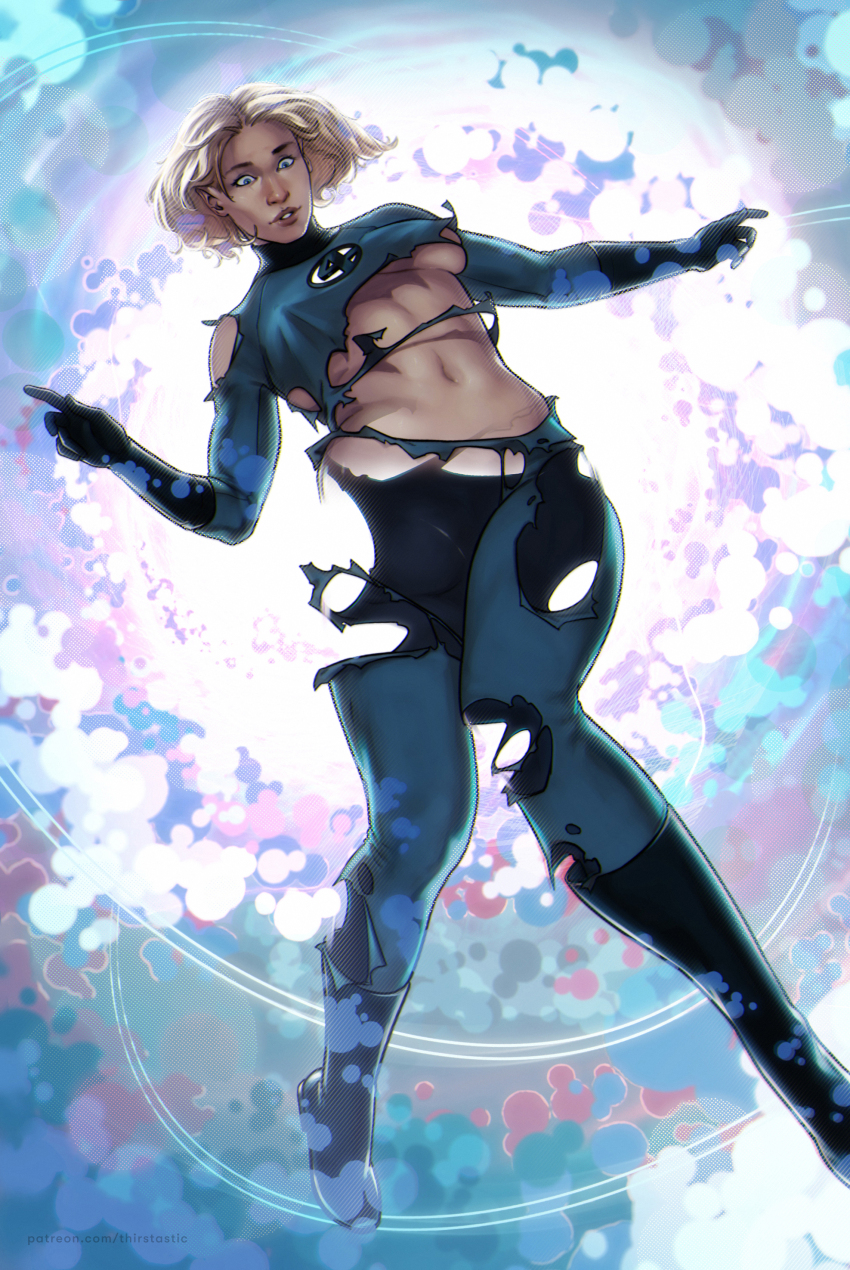 1girl absurdres black_gloves blonde_hair blue_eyes bodysuit breasts chromatic_aberration commentary covered_erect_nipples curvy dima_ivanov energy english_commentary film_grain full_body gloves halftone highres marvel mature_female medium_breasts medium_hair parted_lips partially_invisible solo sue_storm surprised toned toned_female torn_clothes underboob wide_hips x-men