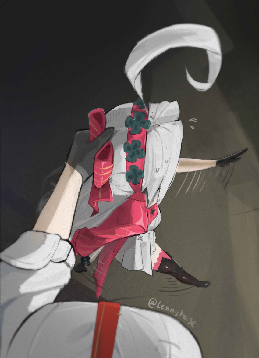 2girls absurdres ahoge black_boots black_gloves boots bow breasts carlotta_(wuthering_waves) dress gloves hair_bow hairband highres holding huge_ahoge jacket large_breasts lennykaise lifting_person meme midair multiple_girls necktie pink_bow pink_hairband pink_jacket pov red_necktie thigh_boots thighs white_dress white_hair wuthering_waves zani_(wuthering_waves)