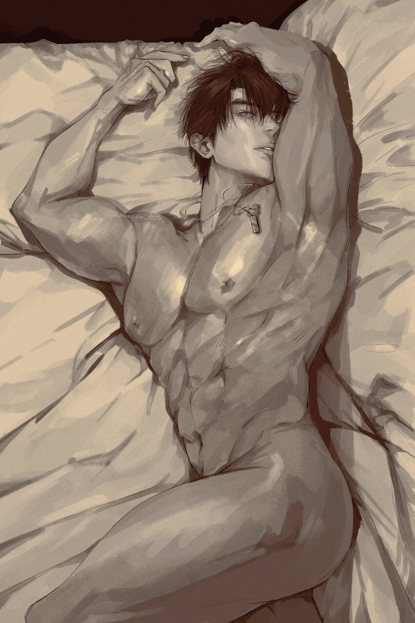 1boy abs arms_up caleb_(love_and_deepspace) commentary_request completely_nude feet_out_of_frame from_above highres love_and_deepspace lxlijin0808 lying male_focus monochrome muscular muscular_male navel nipples nude on_side parted_bangs parted_lips pectorals solo thighs