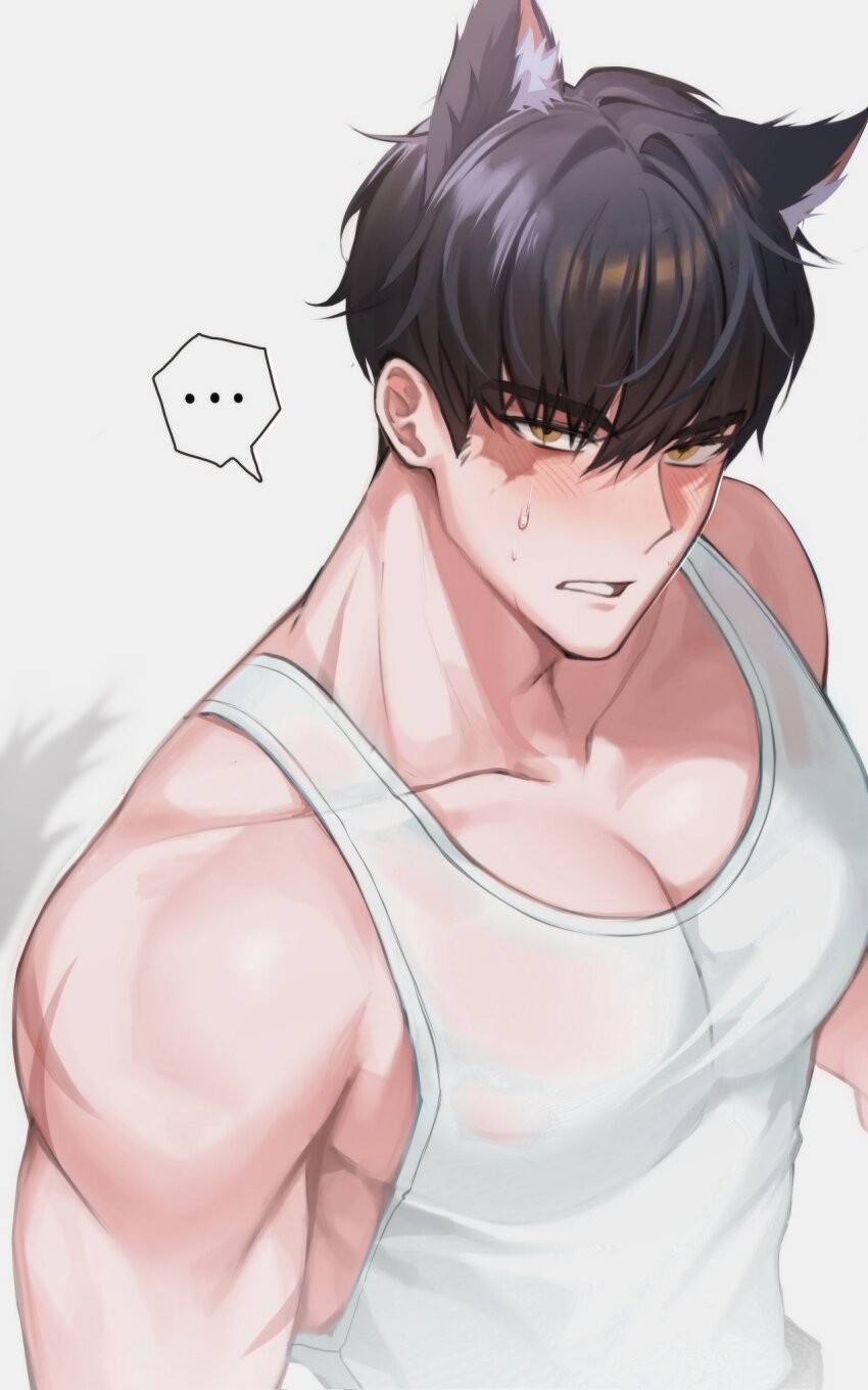 ... 1boy animal_ear_fluff animal_ears bare_shoulders black_hair collarbone commentary highres looking_at_viewer male_focus original parted_hair parted_lips scar scar_on_face simple_background sleeveless solcha solo speech_bubble spoken_ellipsis symbol-only_commentary tail tank_top upper_body white_background white_tank_top