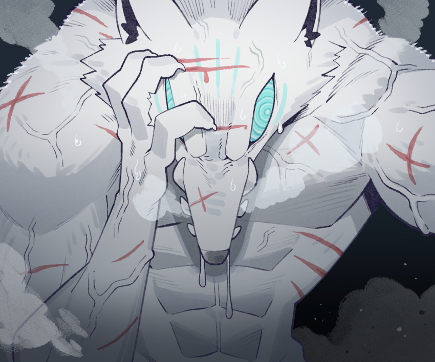 @_@ abs animal_ear_fluff animal_ears aqua_eyes cocomayo29_(tomato) commentary_request fox fox_ears hololive korean_commentary muscular no_humans saliva scar sukonbu_(shirakami_fubuki) teeth virtual_youtuber