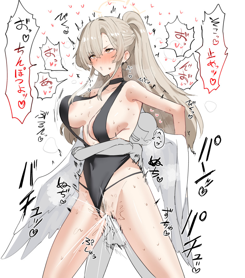 1boy 1girl absurdres age_difference black_one-piece_swimsuit blue_archive blush breasts female_ejaculation halo hetero highres horn/wood large_breasts long_hair nagisa_(blue_archive) nagisa_(swimsuit)_(blue_archive) one-piece_swimsuit onee-shota penis ponytail sex shota shotadom swimsuit vaginal wings