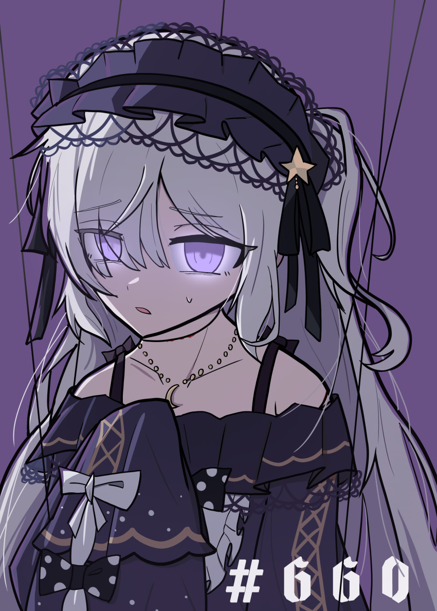 1girl absurdres bare_shoulders black_ribbon dishthecatlover glowing glowing_eyes gothic_lolita hair_over_one_eye hairband highres lolita_fashion lolita_hairband long_hair long_sleeves looking_at_viewer mahou_shoujo_no_majo_saiban natsume_an-an purple_eyes ribbon simple_background solo string sweat upper_body very_long_hair white_hair