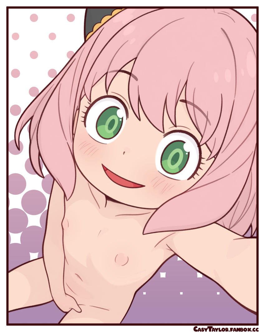 1girl anya_(spy_x_family) casytay completely_nude flat_chest green_eyes hairpods highres loli looking_at_viewer nipples nude pink_hair selfie solo spy_x_family