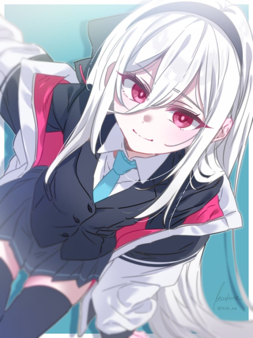 1girl black_hairband black_skirt black_thighhighs blue_archive blue_necktie closed_mouth collared_shirt commentary_request hair_between_eyes hairband highres itsk_ne jacket kei_(blue_archive) kei_(new_body)_(blue_archive) long_hair long_hair_between_eyes long_sleeves looking_at_viewer necktie open_clothes open_jacket red_eyes school_uniform shirt signature simple_background skirt smile solo thighhighs very_long_hair white_hair white_jacket white_shirt zettai_ryouiki