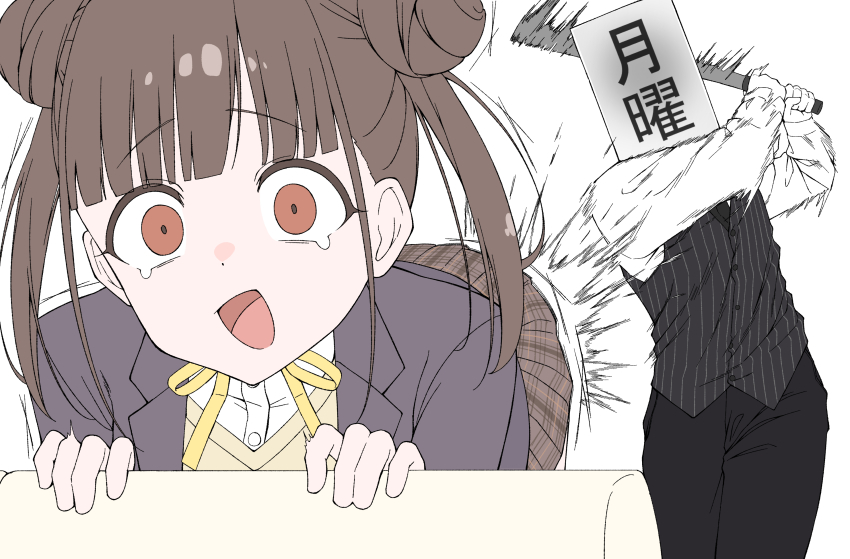 1boy 1girl absurdres amama_(pcnk4878) ass_smack baseball_bat bent_over black_pants blazer blunt_bangs brown_eyes brown_hair brown_skirt commentary_request double_bun hair_bun highres holding holding_baseball_bat idolmaster idolmaster_shiny_colors jacket lapels monday motion_blur motion_lines notched_lapels open_mouth pants pinstripe_pattern pinstripe_vest plaid_clothes plaid_skirt skirt sonoda_chiyoko swinging_baseball_bat translation_request vest