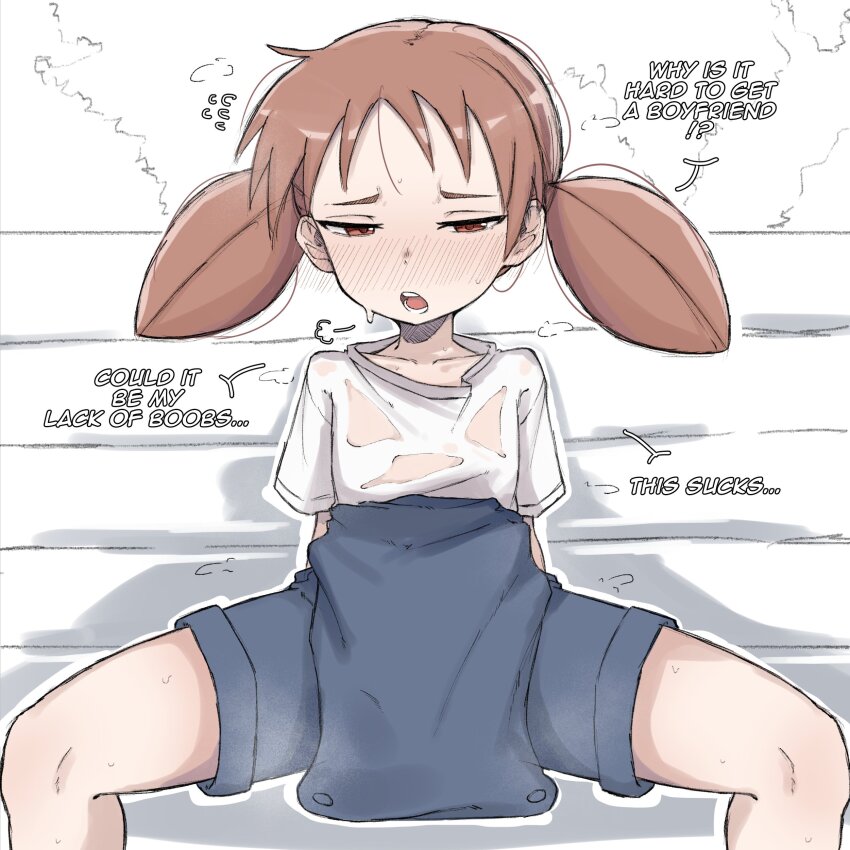 1girl absurdres azumanga_daiou blush brown_eyes brown_hair english_text flat_chest highres legs_apart loli mihama_chiyo overalls overalls_partially_removed see-through_clothes see-through_shirt shirt sitting speech_bubble sweat sweaty_clothes thighs twintails zlix0n