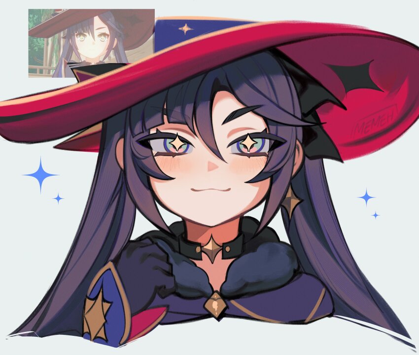 +_+ 1girl absurdres artist_name asymmetrical_bangs black_choker black_gloves black_hair blunt_bangs blush bow choker clenched_hand closed_mouth commentary cropped_head earrings english_commentary fur-trimmed_leotard fur_trim game_screenshot_inset genshin_impact gloves gold_earrings gold_trim grey_eyes hair_between_eyes hair_bow hand_up hat highres jewelry long_hair looking_at_viewer memeh mona_(genshin_impact) red_hat reference_inset screenshot_inset sidelocks single_earring smile solo star_(symbol) star_choker star_earrings star_print straight-on swept_bangs tsurime twintails white_background witch_hat