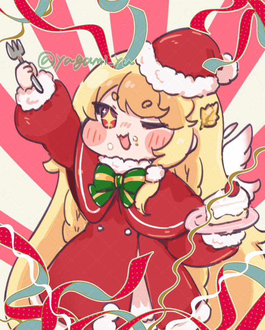 +_+ 1girl blonde_hair blush_stickers cake capelet commentary_request cream cream_on_face dress erpin_(trickcal) food food_on_face fork hat highres holding holding_fork holding_plate long_hair long_sleeves looking_at_viewer one_eye_closed open_mouth plate red_capelet red_dress red_eyes red_hat santa_hat solo strawberry_shortcake trickcal twitter_username very_long_hair yagami_yu