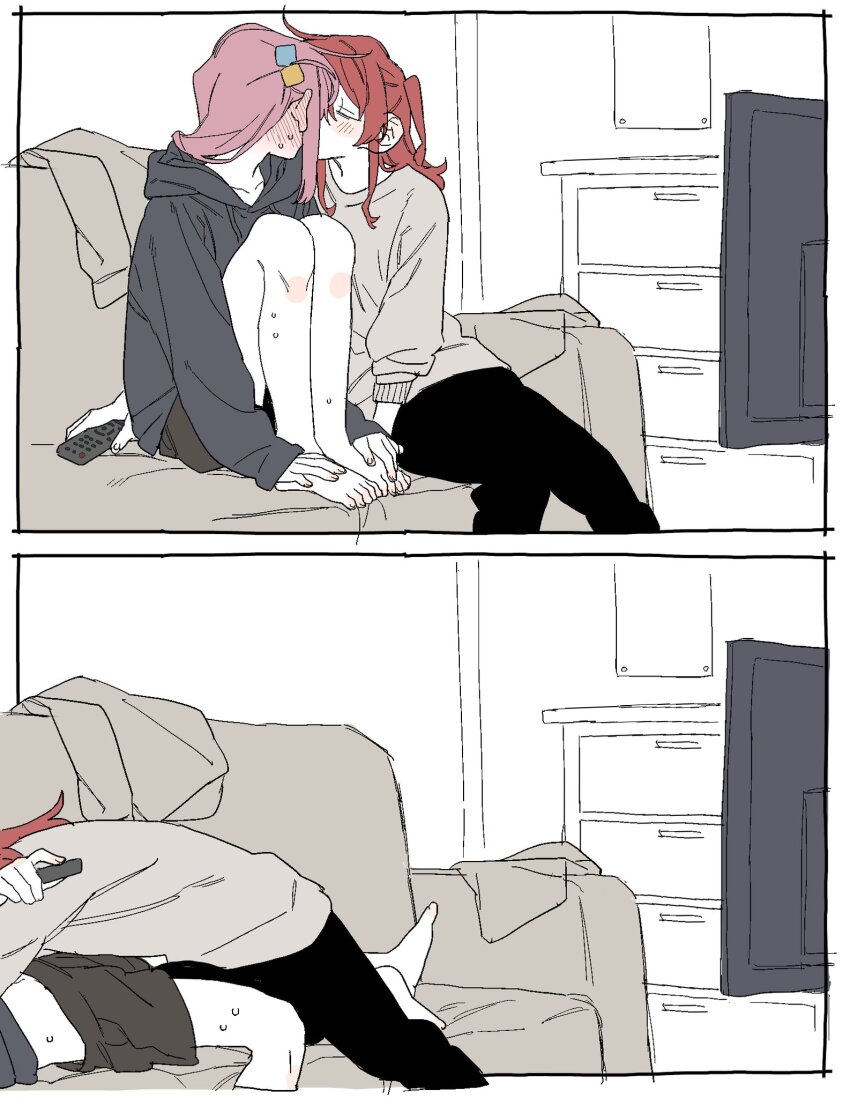 2girls barefoot black_pants bocchi_the_rock! closed_eyes controller couch cube_hair_ornament dayama gotoh_hitori grey_hoodie grey_sweater hair_behind_ear hair_ornament highres holding holding_remote_control hood hoodie indoors kiss kita_ikuyo long_hair multiple_girls on_couch pants pink_hair red_hair remote_control sweat sweater television toes yuri