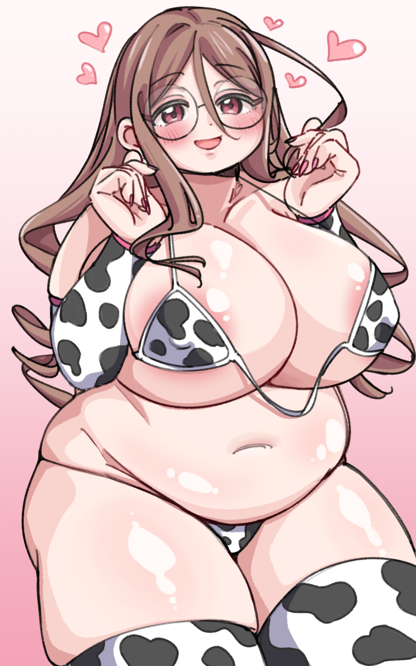 1girl acryl_c animal_print areola_slip belly bikini blush breasts brown_hair cleavage cow_print cow_print_bikini cow_print_gloves cow_print_thighhighs elbow_gloves glasses gloves heart huge_breasts long_hair loose_bikini navel open_mouth original pink_background pink_nails plump print_bikini print_gloves print_thighhighs red_eyes round_eyewear shiny_skin smile solo standing swimsuit thick_thighs thighhighs thighs wavy_hair