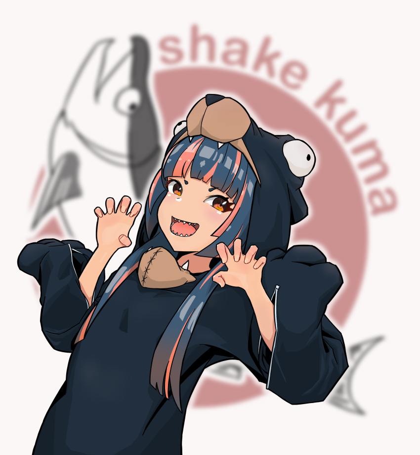 1girl absurdres animal_costume bear bear_costume blue_hair claw_pose cosplay highres hood hoodie kigurumi looking_at_viewer multicolored_hair open_mouth original pink_hair post_(shake_shakepost) red_eyes salmon shark_kuma-chan_(shake_shakepost) sharp_teeth sidelocks solo teeth two-tone_hair upper_body
