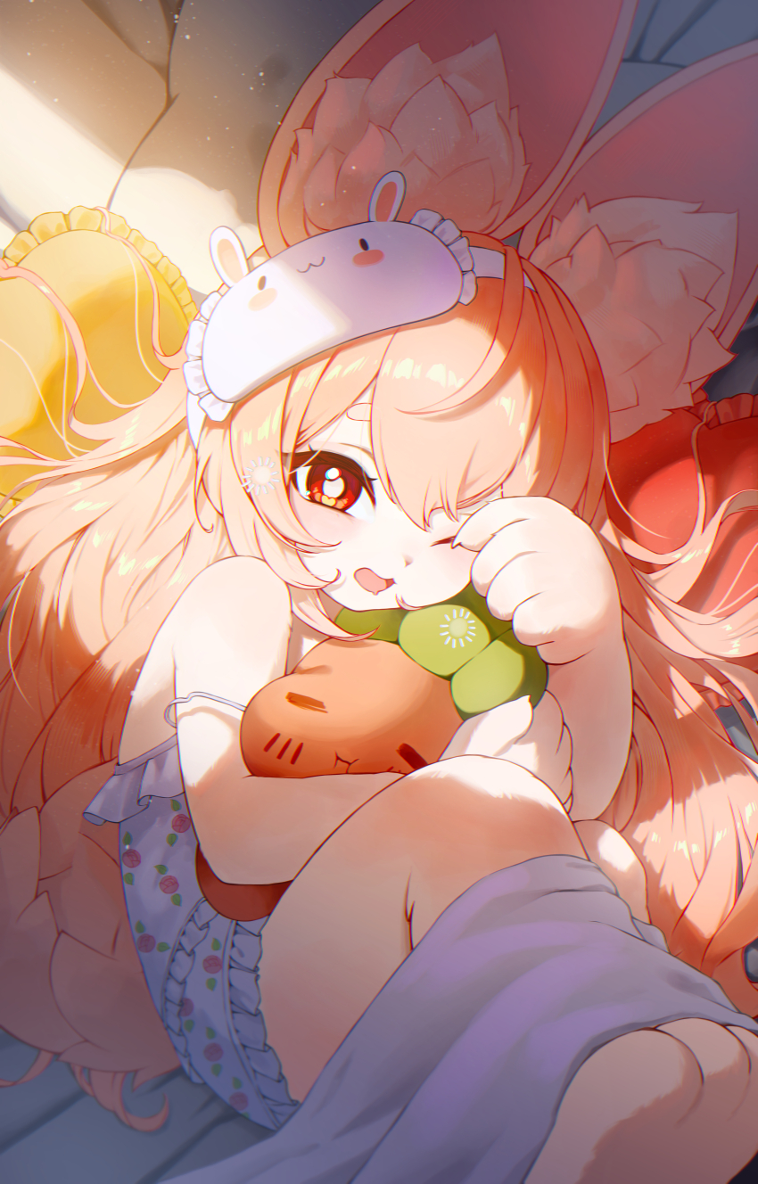 1girl absurdres alternate_costume animal_ear_fluff animal_ears animal_feet bare_shoulders bright_pupils buffering commentary furry furry_female hair_between_eyes hand_up head_on_pillow heart heart-shaped_pillow highres holding holding_stuffed_toy hugging_object loading_icon long_hair looking_at_viewer lying mask mask_on_head off_shoulder on_bed on_side one_eye_closed open_mouth pillow pink_fur pink_hair rabbit_ears rabbit_girl rabbit_tail red_eyes rubbing_eyes short_eyebrows sleep_mask solo stuffed_animal stuffed_carrot stuffed_toy tail thick_eyebrows under_covers unfinished white_pupils yamisroot zenless_zone_zero zhao_(zenless_zone_zero)