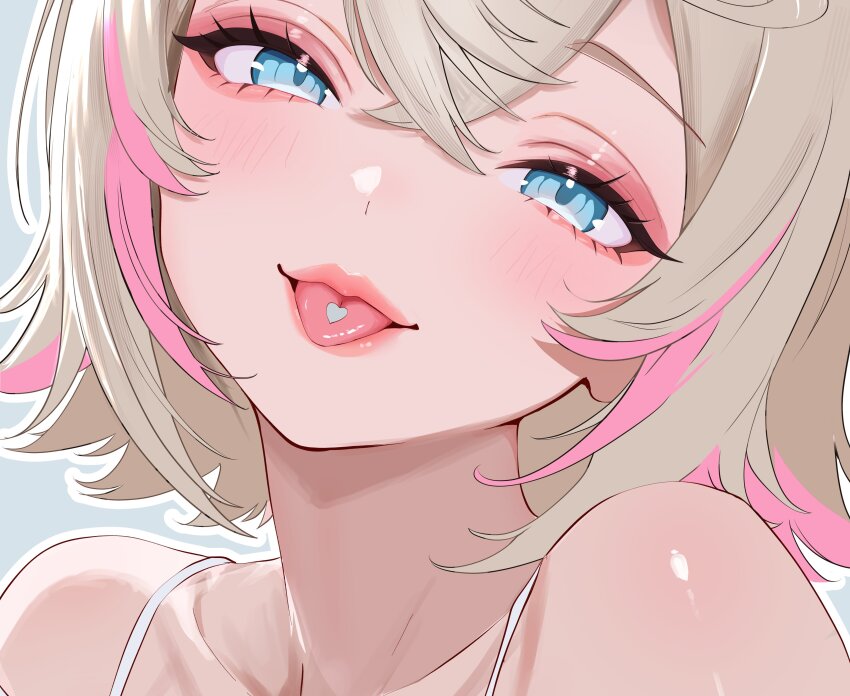1girl absurdres akamiya_mumu bare_shoulders blonde_hair blue_eyes close-up collarbone eyelashes grey_background heart highres hololive hololive_english mococo_abyssgard multicolored_hair parted_lips pink_hair simple_background solo streaked_hair tongue tongue_out two-tone_hair upper_body virtual_youtuber